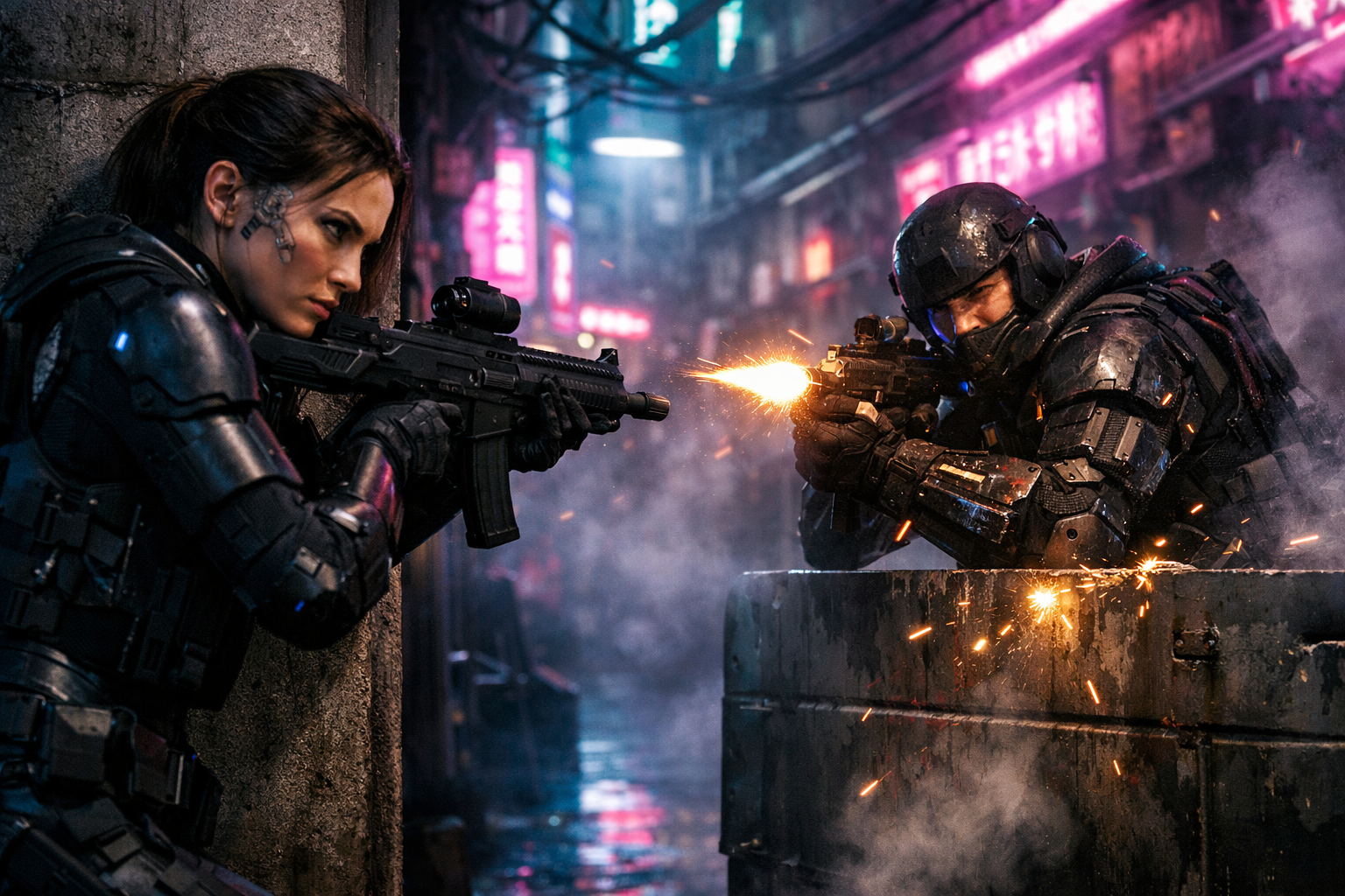 Live-fire combat exchange with line-of-sight pressure